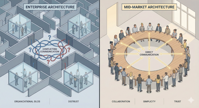 Enterprise architecture: organizational distrust at scale vs mid-market collaboration